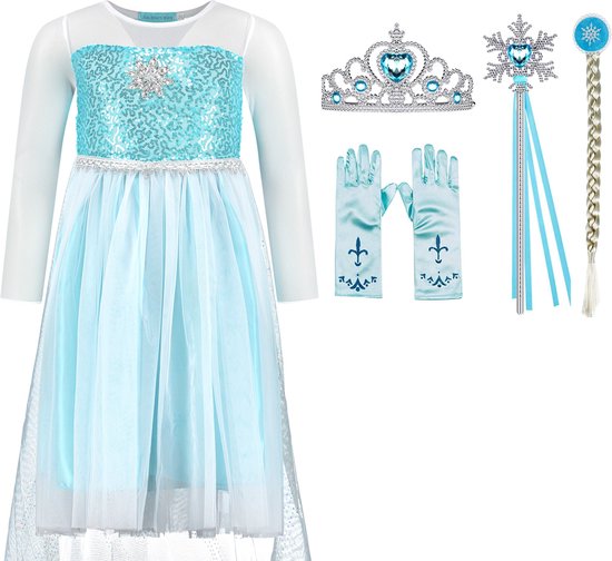 Verkleedkleren meisje - Frozen - Elsa jurk - blauwe prinsessenjurk- maat 110 (120) - prinsessen verkleedkleding - kroon - toverstaf - Elsa vlecht - handschoenen