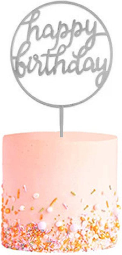 Happy Birthday TaartTopper Zilver TaartDecoratie Cake Topper Taart Topper Decoratie Verjaardag Versiering – 1 Stuk