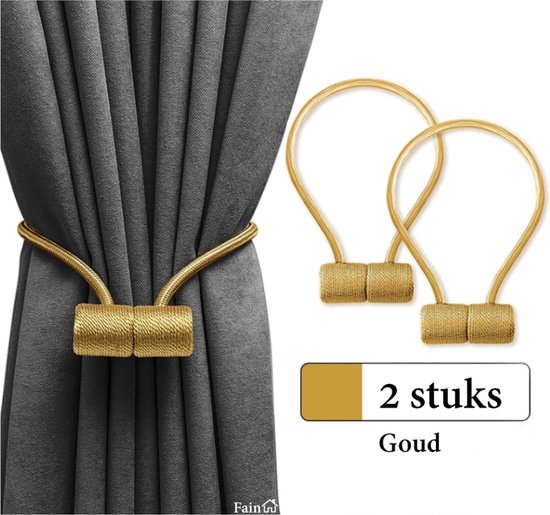 Fain® Luxe Gordijn Embrasse – 2 stuks – Goud – Vierkante vorm – Gordijnhouders - Embrasses voor Gordijnen - Gordijn Embrasse Haak - Magnetisch Gordijnkoord - 43 cm Lang