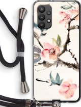 Case Company® - Hoesje met koord geschikt voor Samsung Galaxy A32 4G hoesje met Koord - Japanse bloemen - Telefoonhoesje met Zwart Koord - Bescherming aan alle Kanten en Over de Schermrand