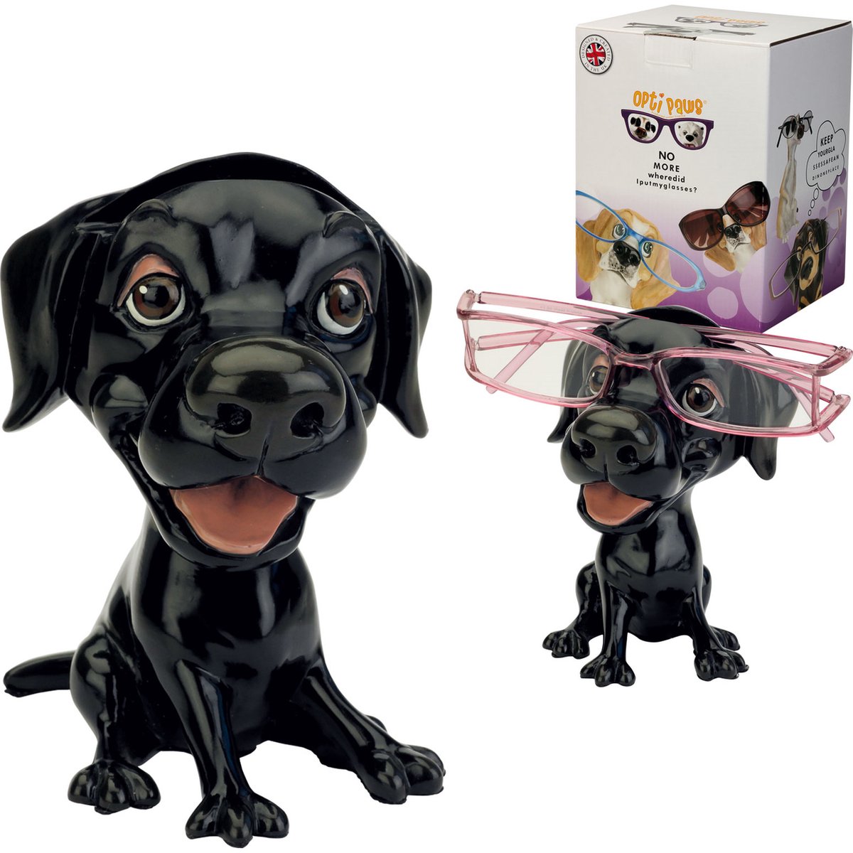 MadDeco - ludieke brillenstandaard zwarte Labrador pup - polystone - 12 cm hoog - onze kleine vriendjes - brillenhouder