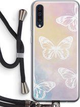 Case Company® - Hoesje met koord geschikt voor Samsung Galaxy A50 hoesje met Koord - White butterfly - Telefoonhoesje met Zwart Koord - Bescherming aan alle Kanten en Over de Schermrand