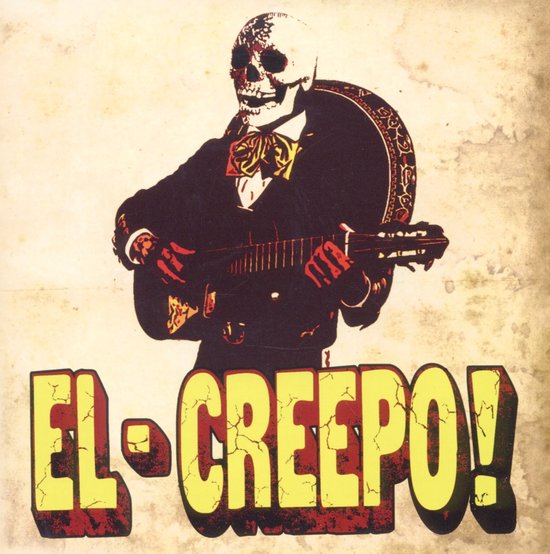 Een skelet in een pak dat gitaar speelt met de tekst "EL-CREEPO!".