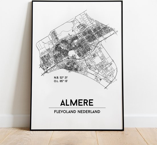 Almere city poster, A3 (30x40 cm) met lijst, plattegrond poster, woonplaatsposter, woonposter