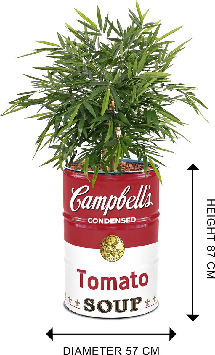 Barrelkings - Staande Plantenbak - Campbell's Soup Pop Art Design - Metaal Olievat - Ø57x87 cm - 65L Kuip - Binnen & Buiten