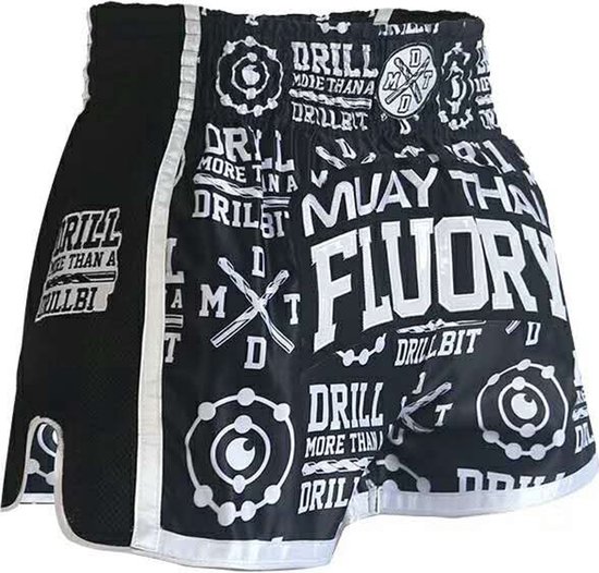 Fluory Kickboks Broekje Muay Thai Short Drill Zwart maat XL