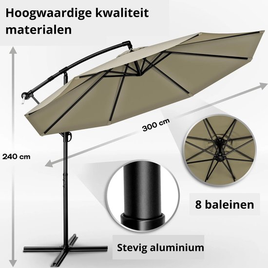 tillvex Parasol Ø 300 cm met zwengel + hoes + windbescherming | Zweefparasol met standaard | Tuinscherm UV-bescherming | Aluminium Zonnescherm | Waterdicht Marktscherm