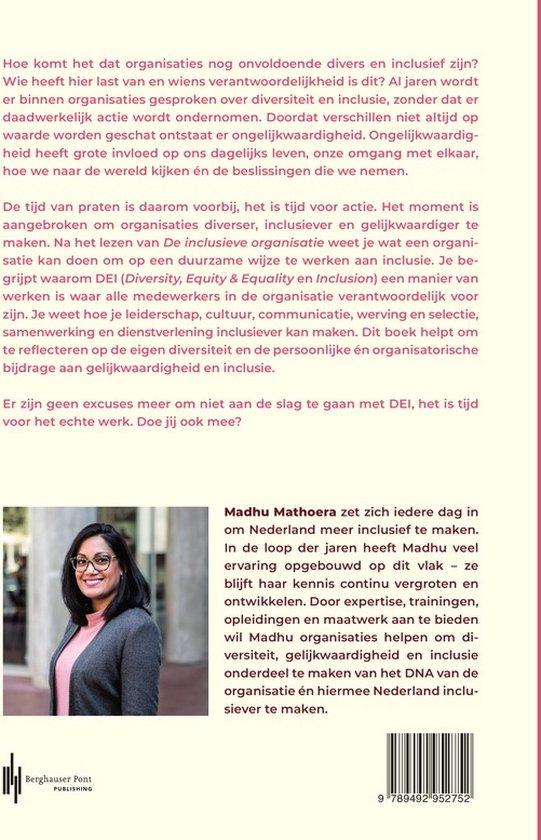 Boekomslag met een portret van een vrouw, Madhu Mathoera, en tekst over de noodzaak van inclusieve organisaties. ISBN: 9789492952752.
