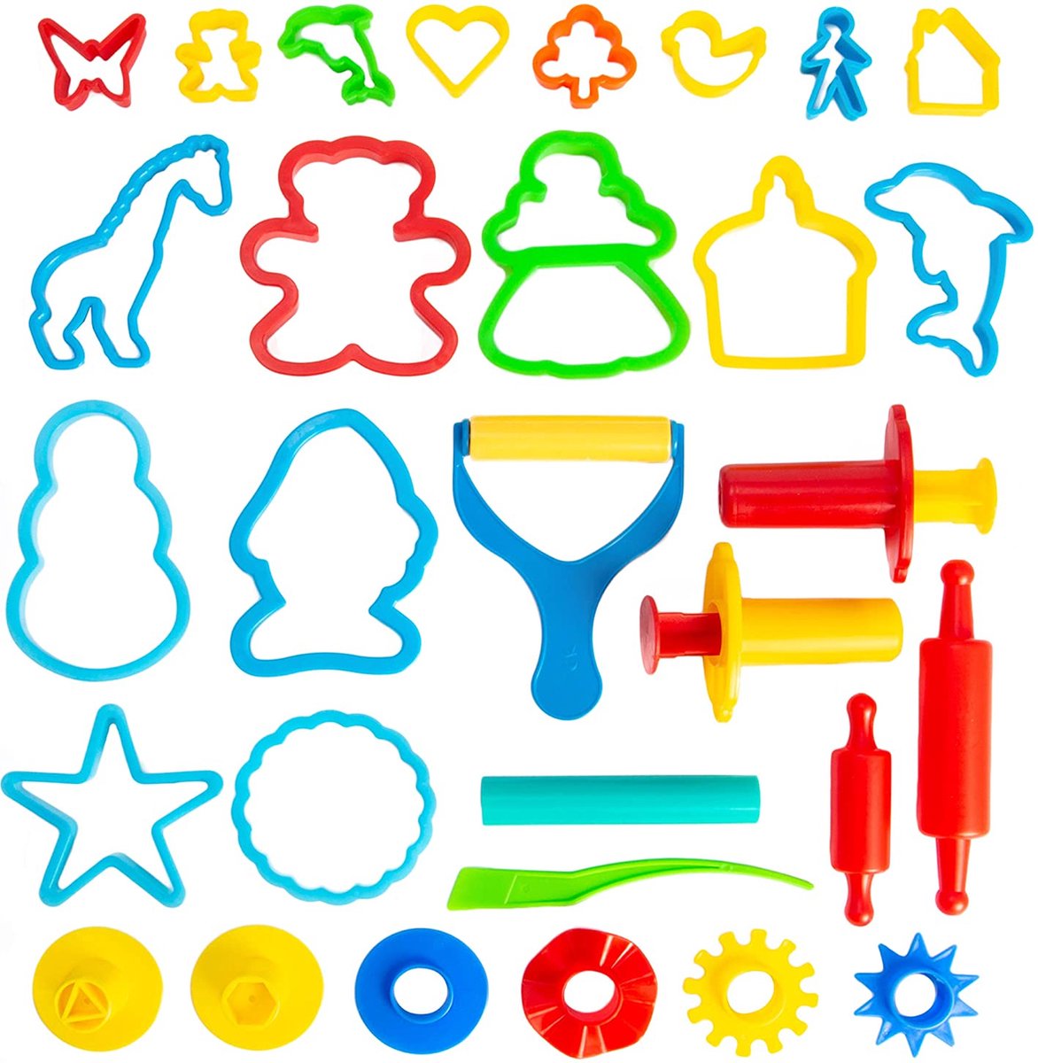 KIDDY DOUGH - Diervormen - 24 kleurrijke uitstekers, mallen en rollen - Gereedschapset voor kinderen - Feestpakket - Voordeelpakket