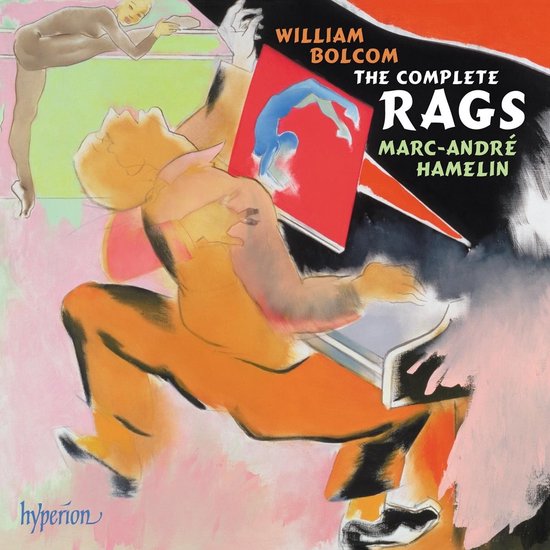 Artistieke albumhoes met abstracte figuren in oranje, roze en blauw. Titel 'William Bolcom The Complete Rags'.