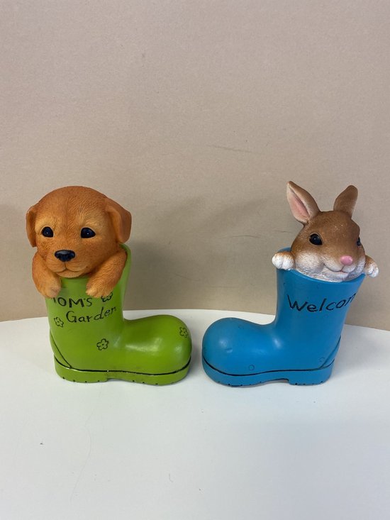 Polyresin (tuin)dier in laars - set van 2 stuks - hond+konijn - Groen+Blauw - Hoogte 17 x 13 x 11.5 cm - Woonaccessoires - Tuinaccessoires - Tuindecoratie