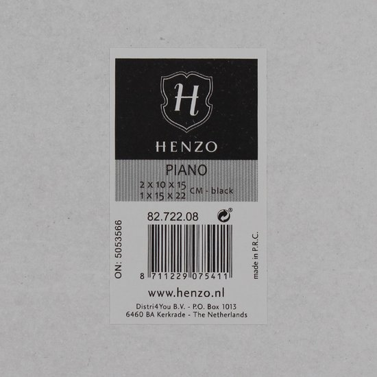 Étiquette Henzo avec informations produit : PIANO 2x 10x15 cm noir, 1x 15x22 cm noir.