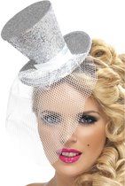 Smiffy's Verkleed mini hoedje - wit - op diadeem - glitter and glamour - met sluier