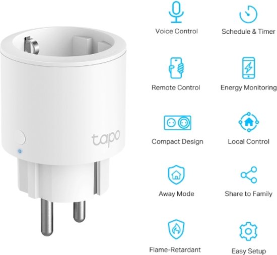 Witte Tapo P115 mini slimme stekker met icoontjes voor functies zoals spraakbediening en energiemonitoring.