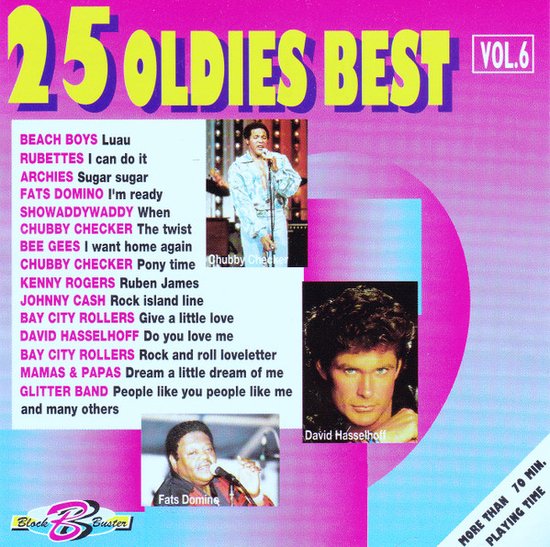 Albumcover 25 Oldies Best Vol. 6 met lijst van artiesten. Foto's van Fats Domino en David Hasselhoff.