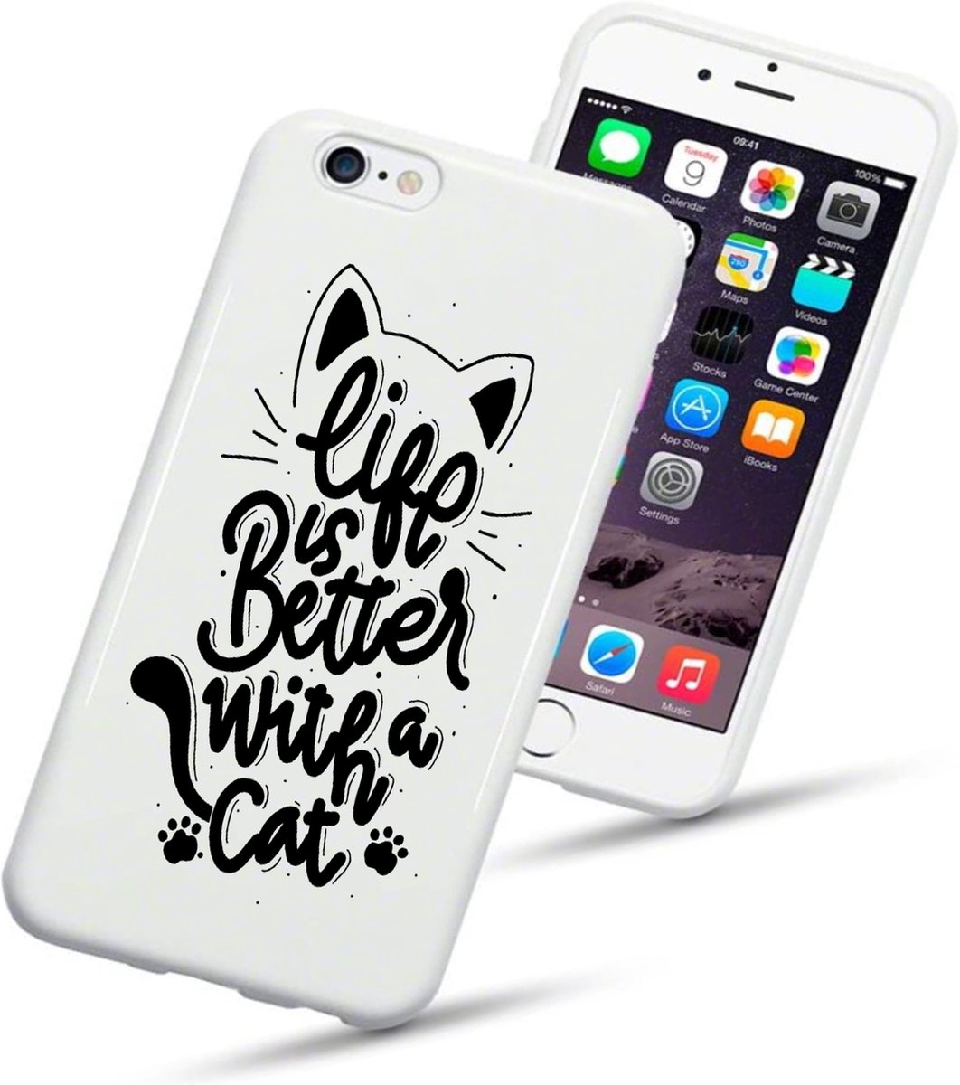 Apple Iphone 6 / 6S Wit siliconen hoesje Life is better with a cat
