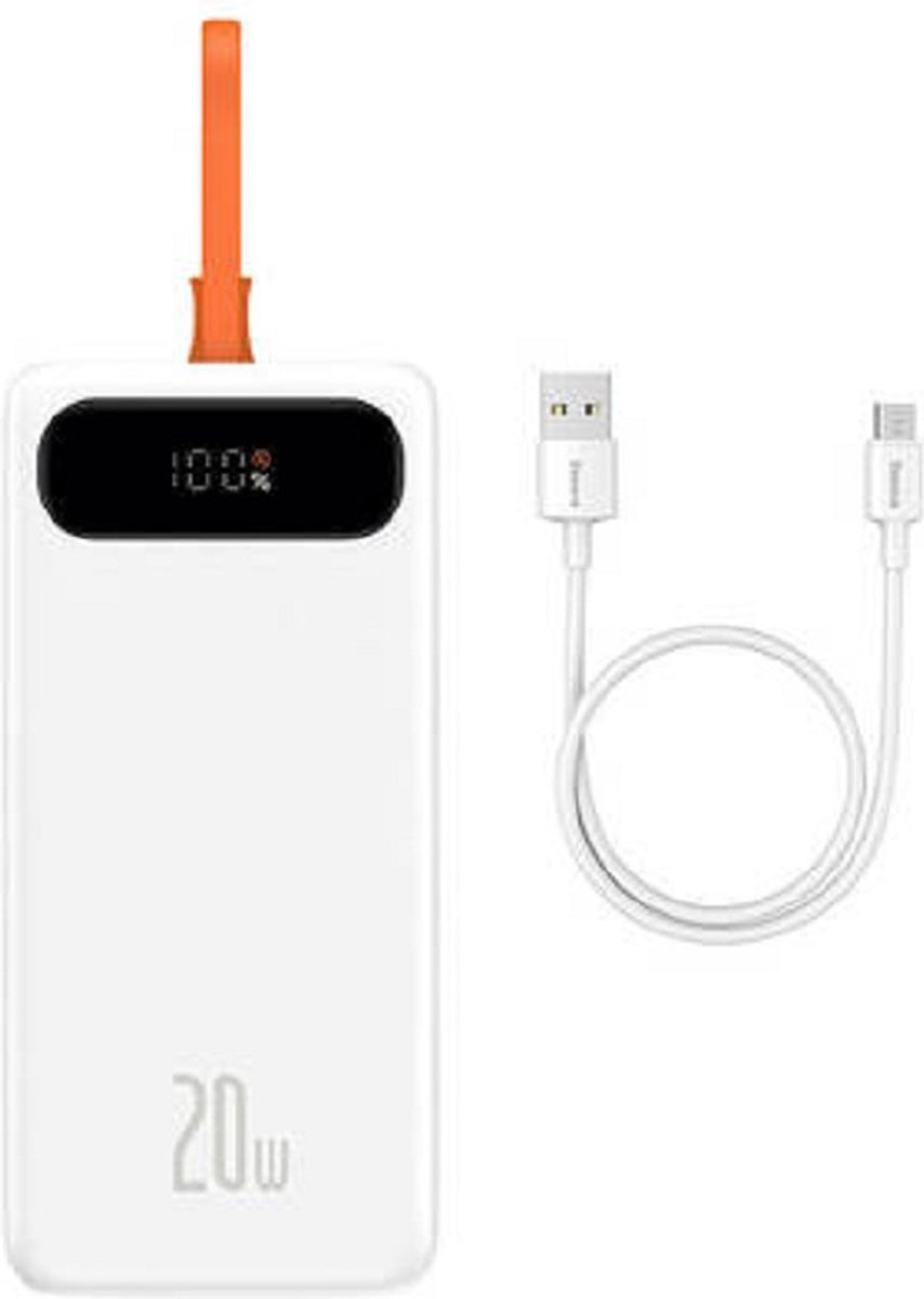 Baseus 20000mAh Powerbank Voor iPhone Samsung - Quick Charge - Snellader , 22,5W + USB Lightning Kabel (wit) PPLK000002