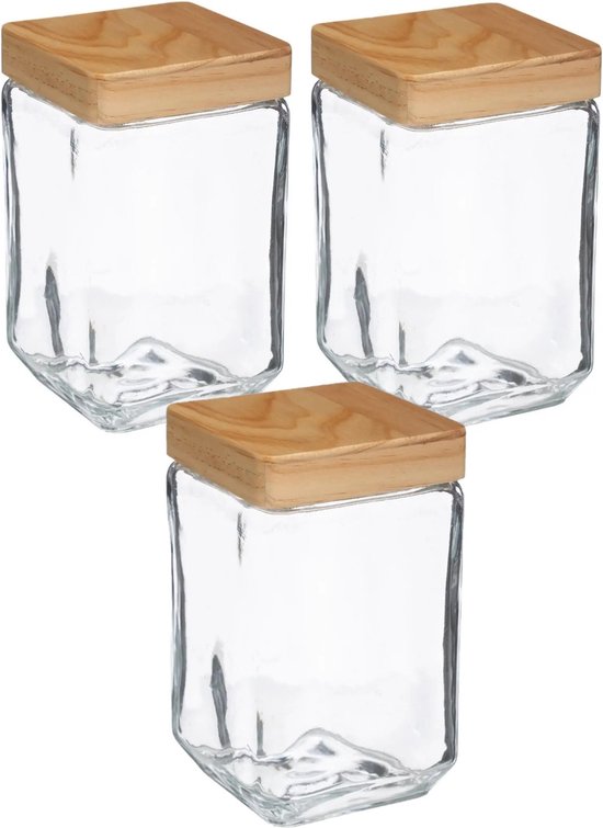 Lot De 3 Bocaux En Verre Navaris Avec Couvercle En Bois Pour Conservation Alimentaire 13,5cm