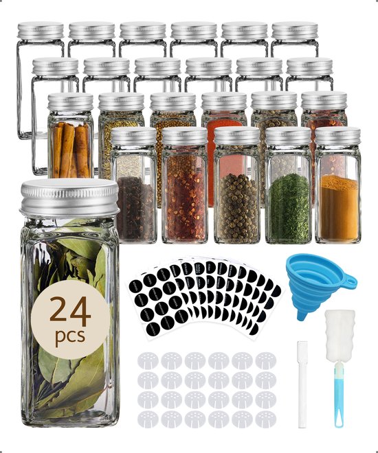 24 Glazen Kruidenpotjes met Strooideksel - Vierkante Kruidenstrooier - Complete Set met Stickers, Trechter, Stift en Borstel
