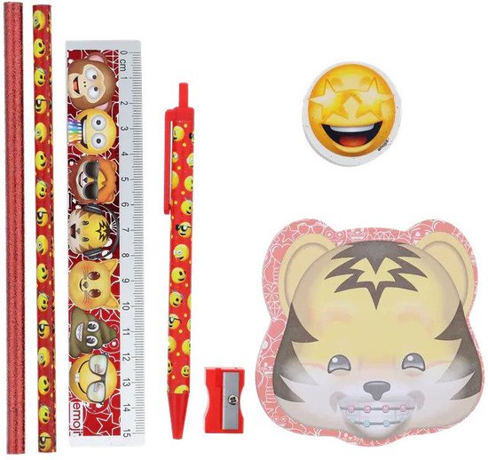 Emoji etui schrijfwaren set - Rood / Multicolor - Kunststof - 20 x 12,5 cm - Back 2 School - Campus - School - Tekenen - Schrijven - Stationary