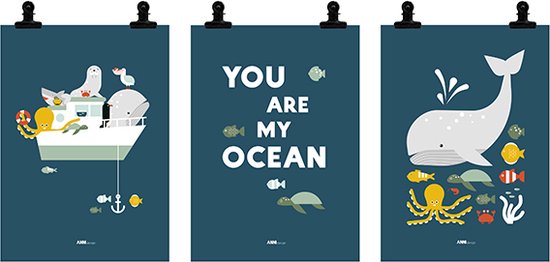 Poster set Zee dieren donker blauw 3x maat A4 - dieren - zeedieren - walvis - boot - oceaan - schildpad - octopus - blauw- kinderkamer - jongenskamer - muurdecoratie - kinderkamerstyling – kinderkameraccessoire