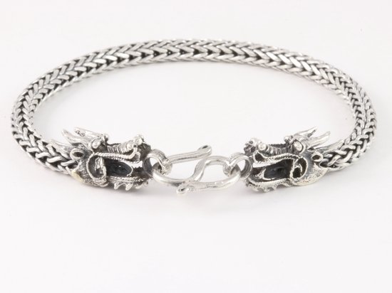 Gevlochten zilveren armband met drakenkoppen - lengte 22 cm