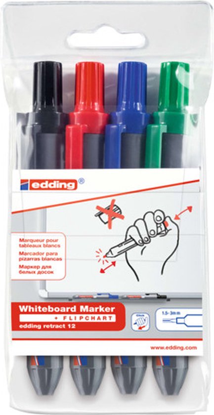edding 12/4 S retractable whiteboardmarker assorti set - ronde punt 1,5-3 mm - set/4 st. assorti