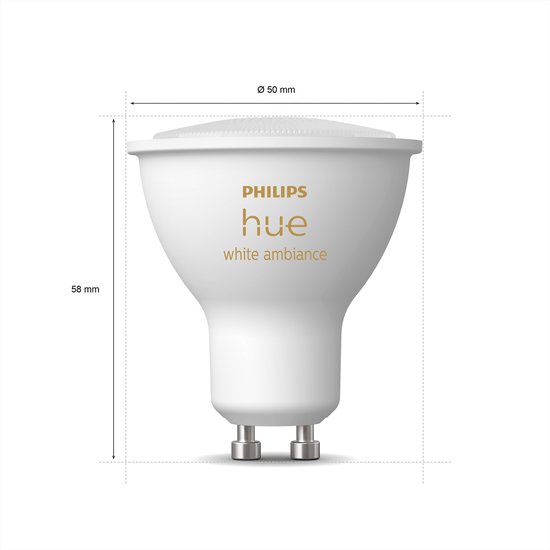 Witte Philips Hue White Ambiance GU10 spot, met afmetingen 50mm breed en 58mm hoog.