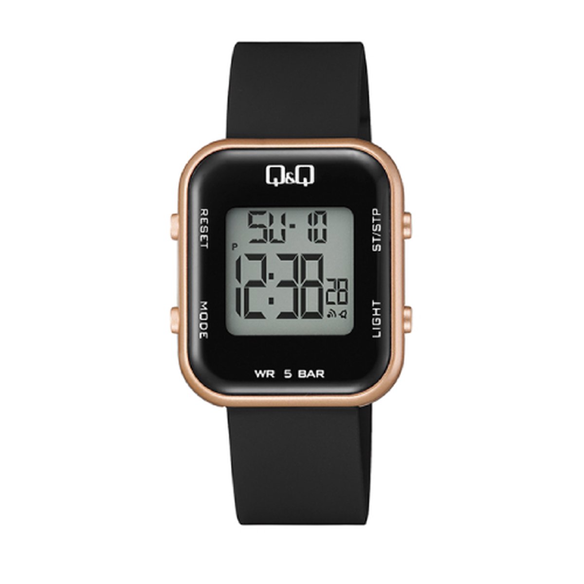 QQ model m207j004y-dameshorloge-digitaal- zwart-rose-2 tijden-stopwatch-alarm-backlight-datum-5 bar waterdicht