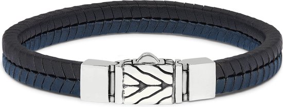 SILK Jewellery - Zilveren Armband - Chevron - blauw/zwart leer