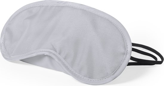 Grijs slaapmasker met zwarte elastische banden.