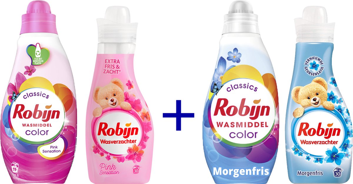 Robijn Voordeelverpakking- Pink sensation Wasmiddel/Wasverzachter + Morgenfris Wasmiddel/Wasverzachter