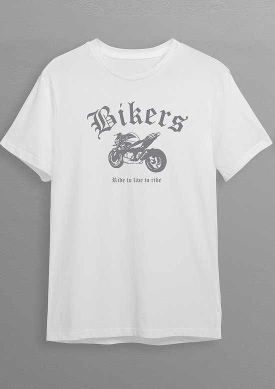 Naked Bike | Bikershirt | Wit T-shirt | Zilvere opdruk | L