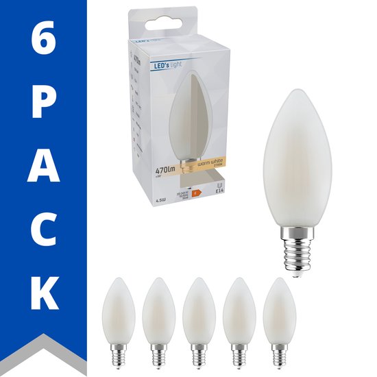 Prolong LED Lamp E14 Mat - B35 Kaars met melkglas - 4.5W (40W) - Warm wit - 6 Kaarslampen