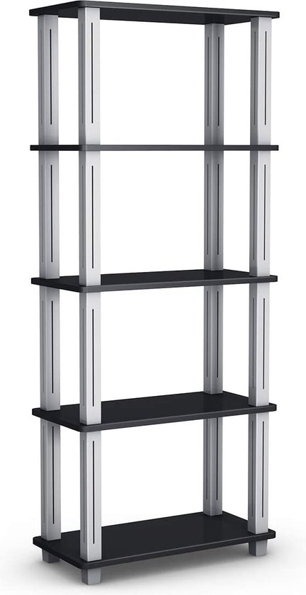Een zwart 5-laags opbergrek met zilverkleurige staanders, leeg.