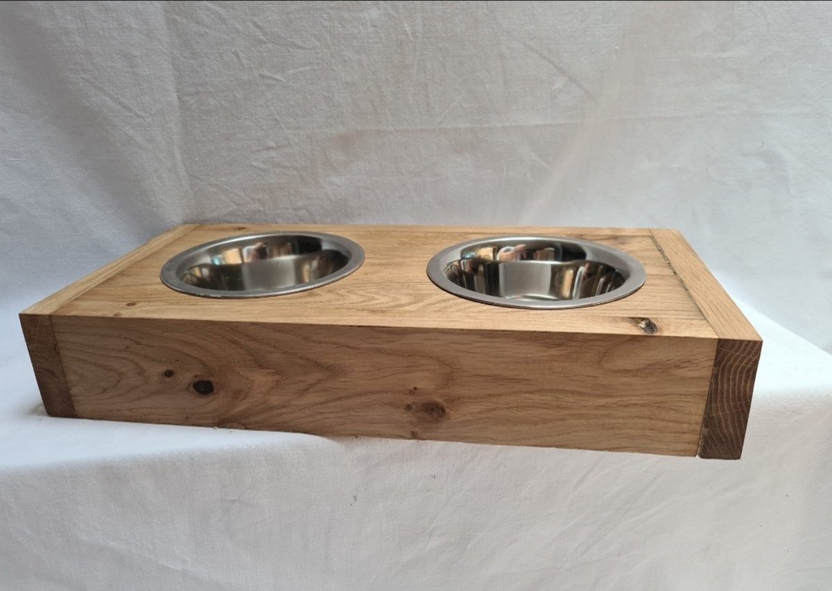 Voerbak hond - Houten voerbak - Dieren voerbak - Drinkbak- Drinkbak hond - Voerbak kat - Voer hond - Voerbak poes - Solid Oak - Eiken - 38*18.5*7 cm