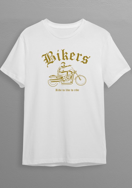 Motorshirt | Bikershirt | Wit T-shirt | Goud opdruk | XL | Opdruk 1