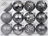 12x boules de Noël en plastique décorées de luxe mélange anthracite 6 cm - Boules de Noël incassables - Décorations de Noël