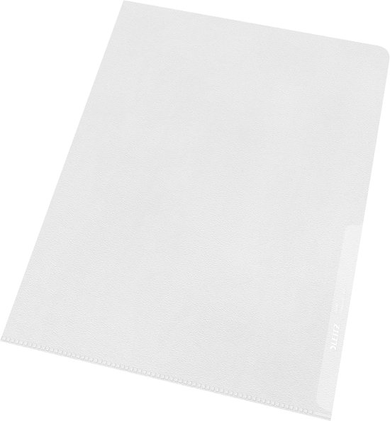 Transparante A4 insteekmap van Leitz met een licht gestructureerd oppervlak, getoond op een zwarte achtergrond.