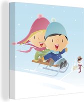 Canvas Schilderij Een illustratie van twee kinderen op een slee in de sneeuw - 20x20 cm - Wanddecoratie