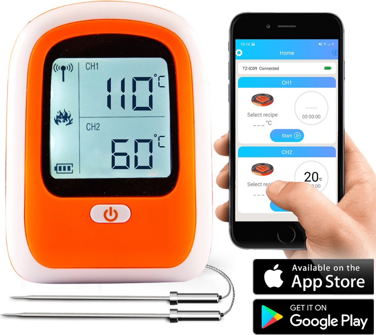 Bbq Meating Bbq Thermometer Digitaal met App en 2 Sondes - Beschermhoes - Magneet - Vleesthermometer - Suikerthermometer - Keukenthermometer - Kookthermometer - Oventhermometer - Kernthermometer - Draadloos - Cadeau - Bbq Meating