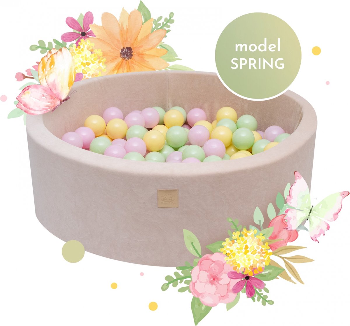 Ecru ballenbak VELVET met 250 ballen - Lente set 90x40cm