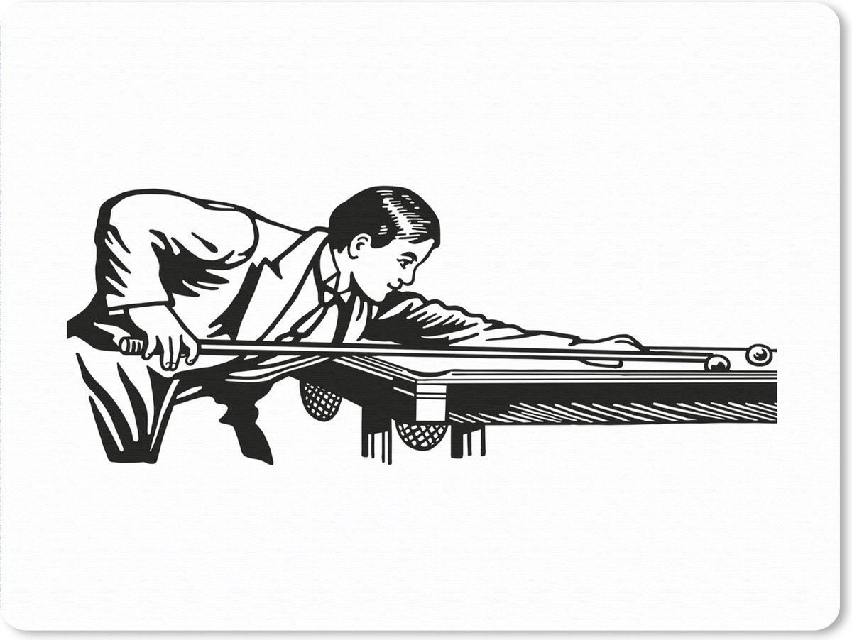Muismat XXL 80x60 cm - Bureau onderlegger - Bureau mat Een zwart wit illustratie van een man die aan het biljarten is - Bureaumat - Gaming mousepad xl - Bureaulegger groot - Computer deskmat