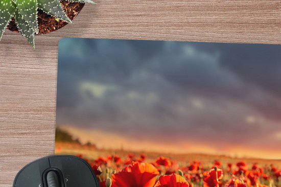 Tapis de souris XXL - Sous-main - Tapis de bureau - Coucher de soleil - Coquelicots - Rouge - Fleurs - Champ - Nature - 40x40 cm - Tapis de souris XXL