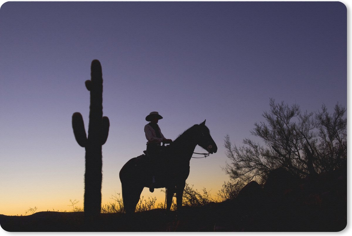 Muismat XXL 90x60 cm - Bureau onderlegger - Bureau mat Silhouet van een cowboy bij een cactus met zonsondergang - Bureaumat - Gaming mousepad xl - Bureaulegger groot - Computer deskmat