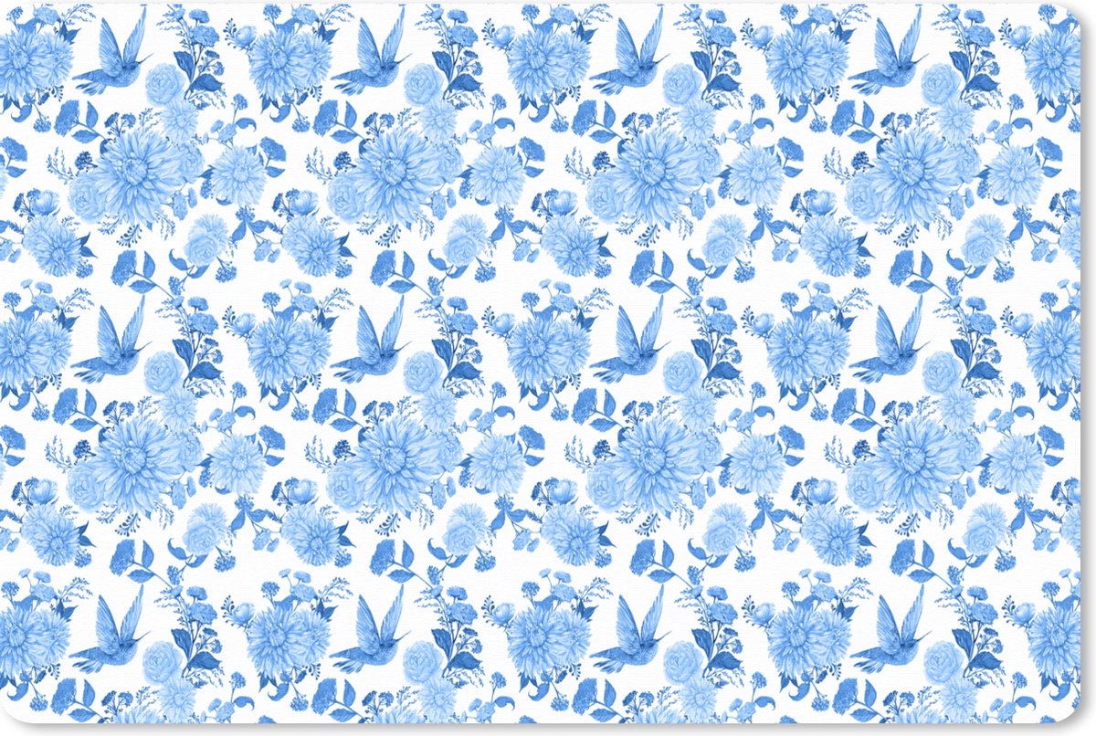 Muismat XXL 120x80 cm - Bureau onderlegger - Bureau mat Bloemen - Patroon - Blauw - Bureaumat - Gaming mousepad xl - Bureaulegger groot - Computer deskmat