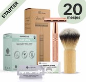Razor de Safety Kit de démarrage Aluminium pour Femme Or Gold Or - 20 Lames - Blaireau - Savon à barbe à Raser - Set de Démarrage Rasage