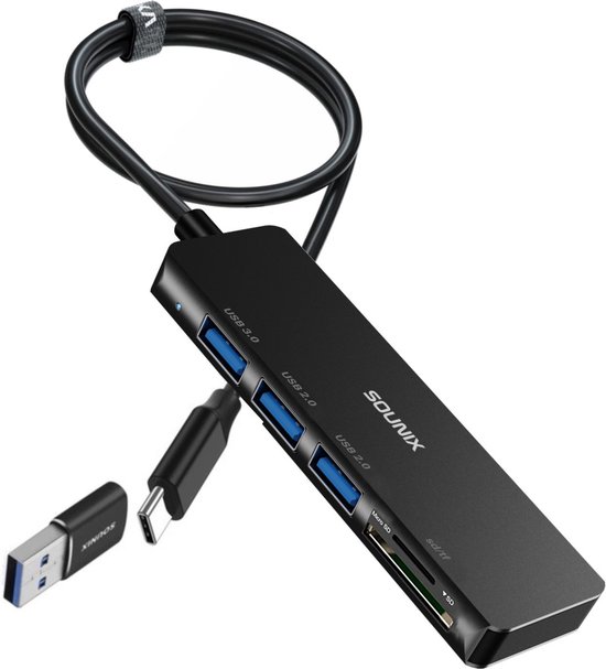 Sounix SD Kaartlezer - 5 in 1 cardreader met USB Splitter - USB x3 - 5 Poorten - 2*USB 2.0 - 1*USB 3.0 - TF/SD - Zwart