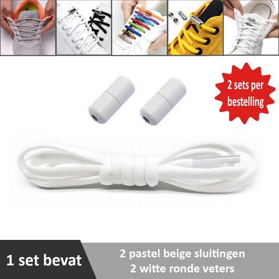 2 paar witte ronde elastische veters met pastel beige sluitingen. Je hoeft voortaan nooit meer je veters te strikken