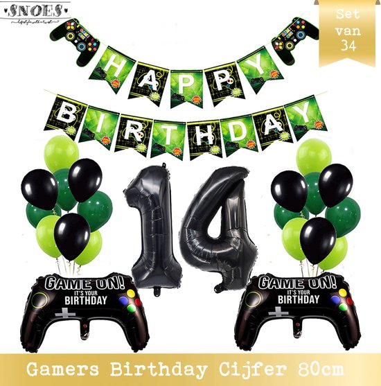 Cijfer Ballon 14 - Game Gamers Birthday Mega Ballon Pakket  - Nummer ballon - DIY Slinger Happy Birthday - Playstation Verjaardag - Game verjaardag - 80 cm nummer ballon - Gamers Verjaardag 14 Jaar - Computer Spel Verjaardag